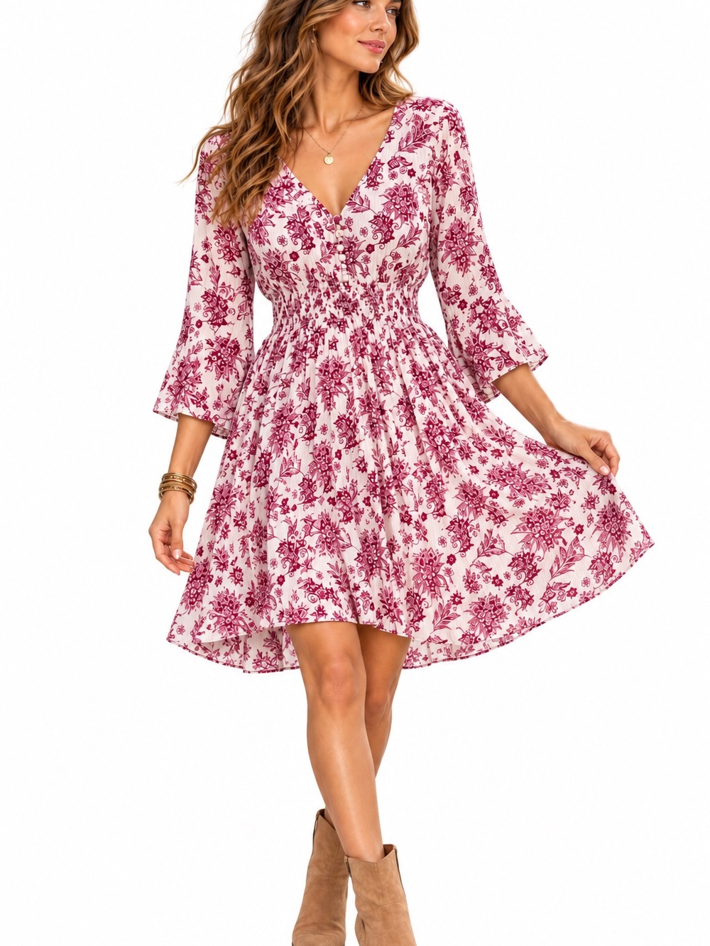 Boho Burgundy Floral Smocked Waist 3/4 Sleeve Dress J. Gee M